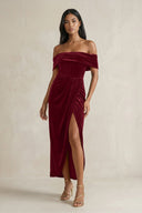 Off - the - Shoulder Sheath Velvet Midi Bridesmaid Dress in Burgundy - KISS BRIDAL Bridesmaid Dresses