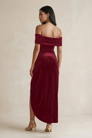 Off - the - Shoulder Sheath Velvet Midi Bridesmaid Dress in Burgundy - KISS BRIDAL Bridesmaid Dresses