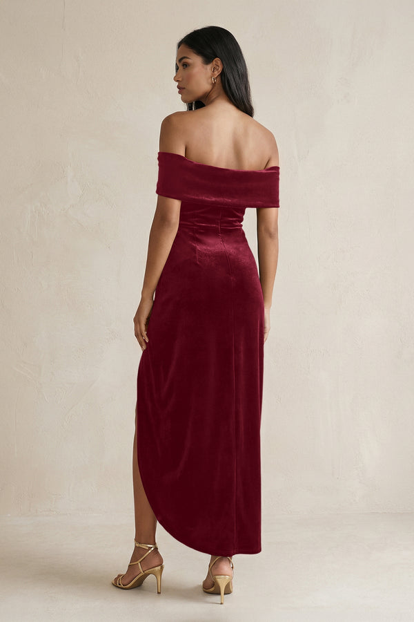 Off - the - Shoulder Sheath Velvet Midi Bridesmaid Dress in Burgundy - KISS BRIDAL Bridesmaid Dresses
