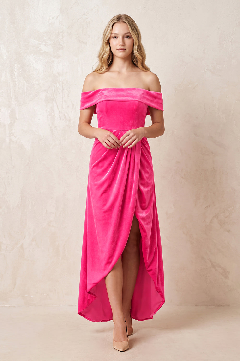 Off-the-Shoulder Sheath Velvet Midi Bridesmaid Dress in Candy Pink