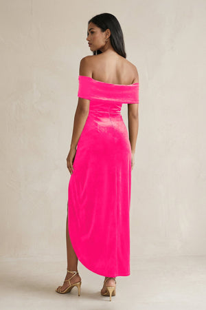 Off - the - Shoulder Sheath Velvet Midi Bridesmaid Dress in Candy Pink - KISS BRIDAL Bridesmaid Dresses