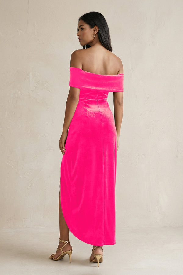 Off - the - Shoulder Sheath Velvet Midi Bridesmaid Dress in Candy Pink - KISS BRIDAL Bridesmaid Dresses