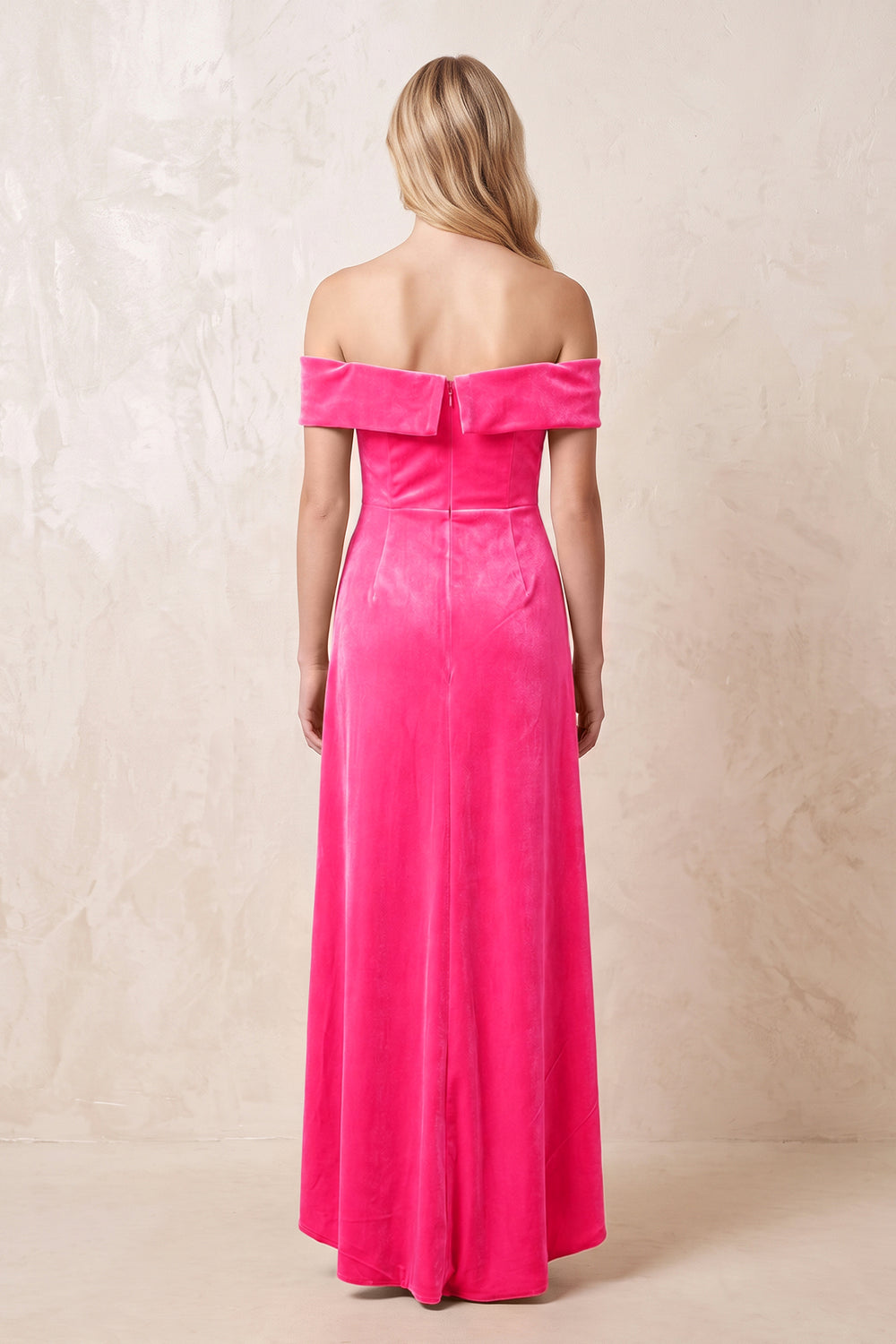 Off-the-Shoulder Sheath Velvet Midi Bridesmaid Dress in Candy Pink