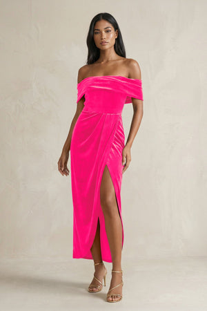 Off - the - Shoulder Sheath Velvet Midi Bridesmaid Dress in Candy Pink - KISS BRIDAL Bridesmaid Dresses