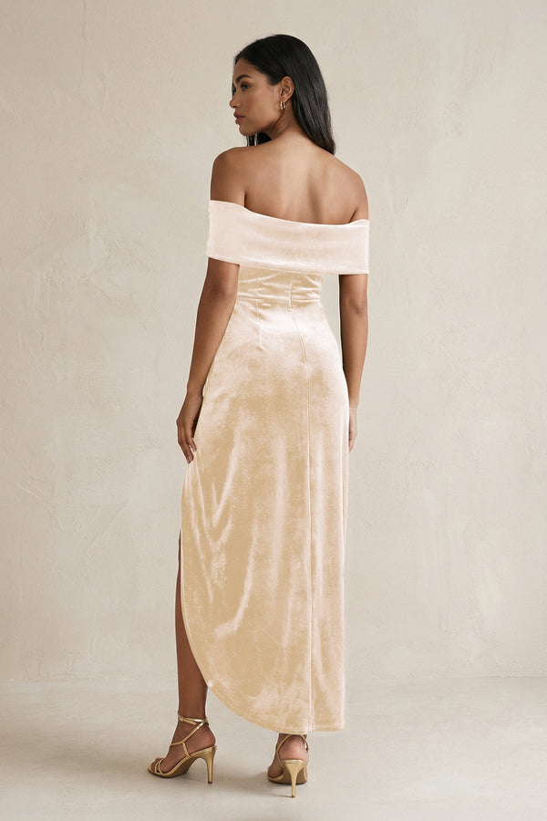 Off - the - Shoulder Sheath Velvet Midi Bridesmaid Dress in Champagne - KISS BRIDAL Bridesmaid Dresses