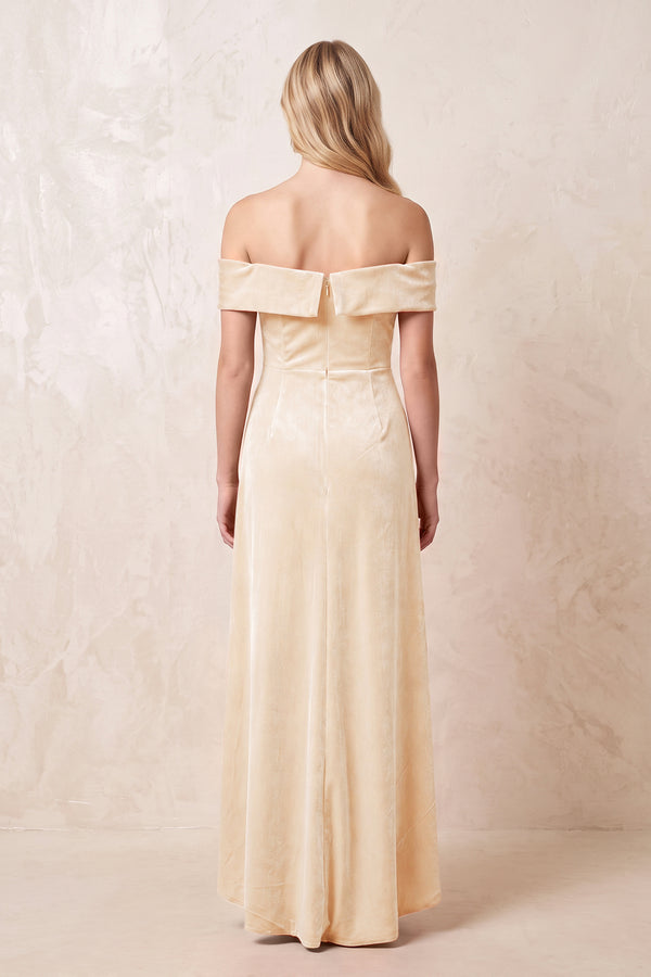 Off - the - Shoulder Sheath Velvet Midi Bridesmaid Dress in Champagne - KISS BRIDAL Bridesmaid Dresses