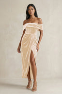 Off - the - Shoulder Sheath Velvet Midi Bridesmaid Dress in Champagne - KISS BRIDAL Bridesmaid Dresses