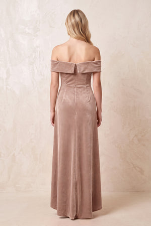 Off - the - Shoulder Sheath Velvet Midi Bridesmaid Dress in Champagne Rose - KISS BRIDAL Bridesmaid Dresses