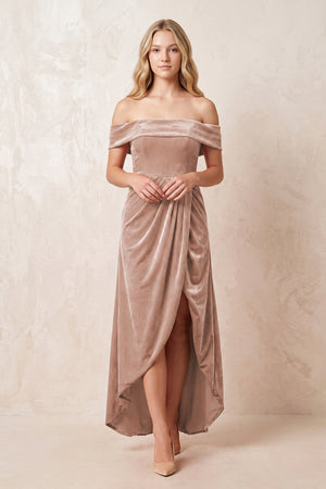 Off - the - Shoulder Sheath Velvet Midi Bridesmaid Dress in Champagne Rose - KISS BRIDAL Bridesmaid Dresses