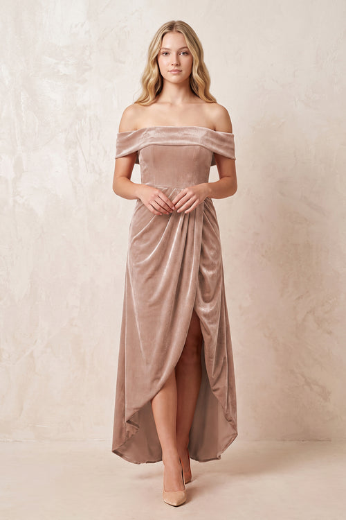 Off - the - Shoulder Sheath Velvet Midi Bridesmaid Dress in Champagne Rose - KISS BRIDAL Bridesmaid Dresses