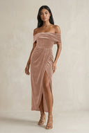 Off - the - Shoulder Sheath Velvet Midi Bridesmaid Dress in Champagne Rose - KISS BRIDAL Bridesmaid Dresses