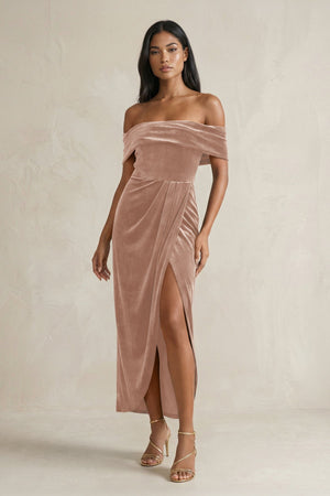 Off - the - Shoulder Sheath Velvet Midi Bridesmaid Dress in Champagne Rose - KISS BRIDAL Bridesmaid Dresses