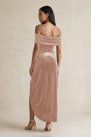 Off - the - Shoulder Sheath Velvet Midi Bridesmaid Dress in Champagne Rose - KISS BRIDAL Bridesmaid Dresses