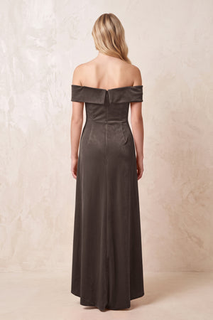 Off - the - Shoulder Sheath Velvet Midi Bridesmaid Dress in Chocolate - KISS BRIDAL Bridesmaid Dresses