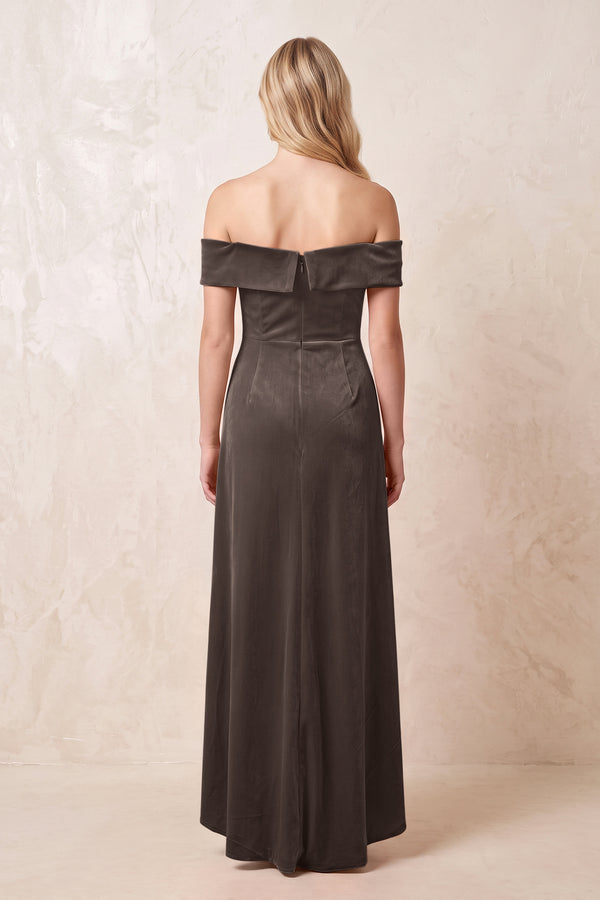 Off - the - Shoulder Sheath Velvet Midi Bridesmaid Dress in Chocolate - KISS BRIDAL Bridesmaid Dresses