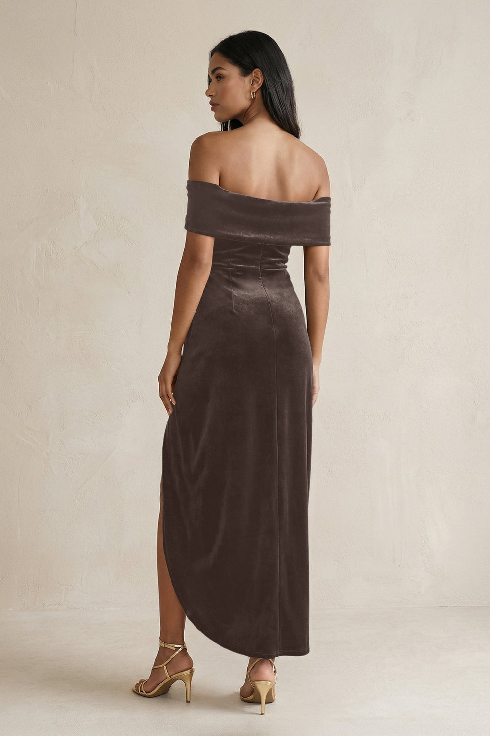 Off - the - Shoulder Sheath Velvet Midi Bridesmaid Dress in Chocolate - KISS BRIDAL Bridesmaid Dresses