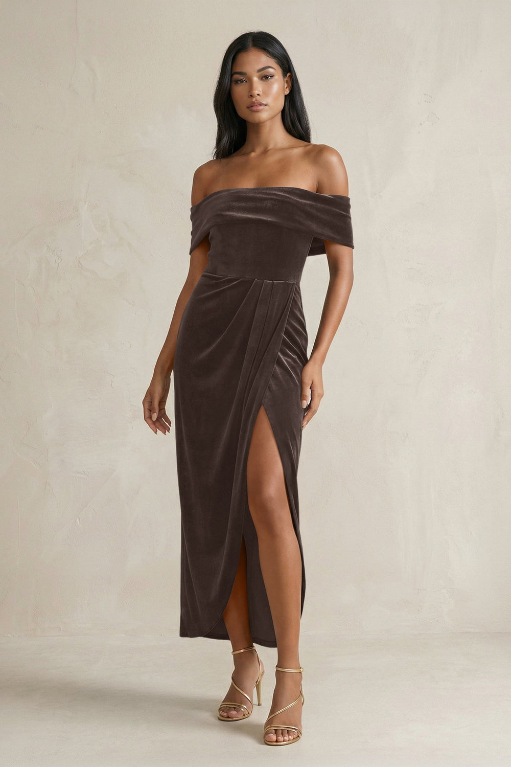 Off - the - Shoulder Sheath Velvet Midi Bridesmaid Dress in Chocolate - KISS BRIDAL Bridesmaid Dresses