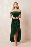 Off - the - Shoulder Sheath Velvet Midi Bridesmaid Dress in Dark Green - KISS BRIDAL Bridesmaid Dresses