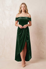 Off - the - Shoulder Sheath Velvet Midi Bridesmaid Dress in Dark Green - KISS BRIDAL Bridesmaid Dresses