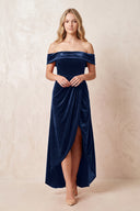 Off - the - Shoulder Sheath Velvet Midi Bridesmaid Dress in Dark Navy - KISS BRIDAL Bridesmaid Dresses