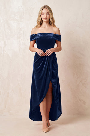 Off - the - Shoulder Sheath Velvet Midi Bridesmaid Dress in Dark Navy - KISS BRIDAL Bridesmaid Dresses
