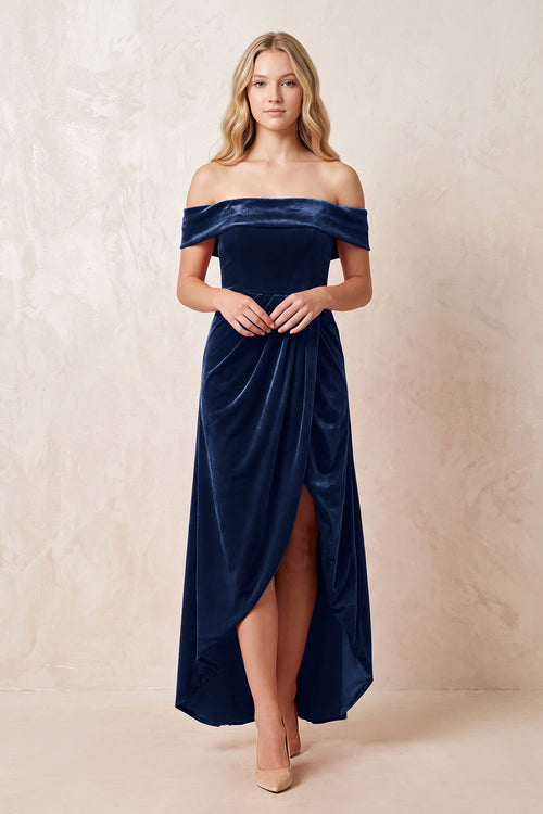 Off - the - Shoulder Sheath Velvet Midi Bridesmaid Dress in Dark Navy - KISS BRIDAL Bridesmaid Dresses