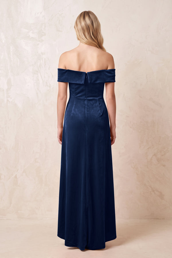 Off - the - Shoulder Sheath Velvet Midi Bridesmaid Dress in Dark Navy - KISS BRIDAL Bridesmaid Dresses