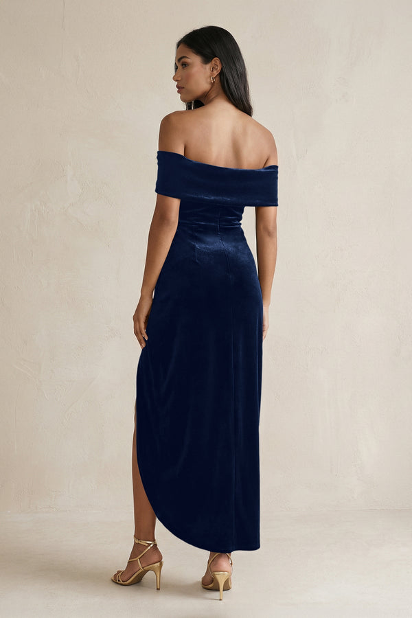 Off - the - Shoulder Sheath Velvet Midi Bridesmaid Dress in Dark Navy - KISS BRIDAL Bridesmaid Dresses
