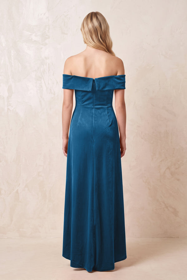 Off - the - Shoulder Sheath Velvet Midi Bridesmaid Dress in Dark Teal - KISS BRIDAL Bridesmaid Dresses