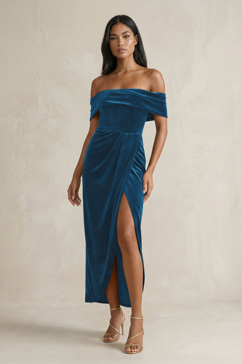 Off - the - Shoulder Sheath Velvet Midi Bridesmaid Dress in Dark Teal - KISS BRIDAL Bridesmaid Dresses
