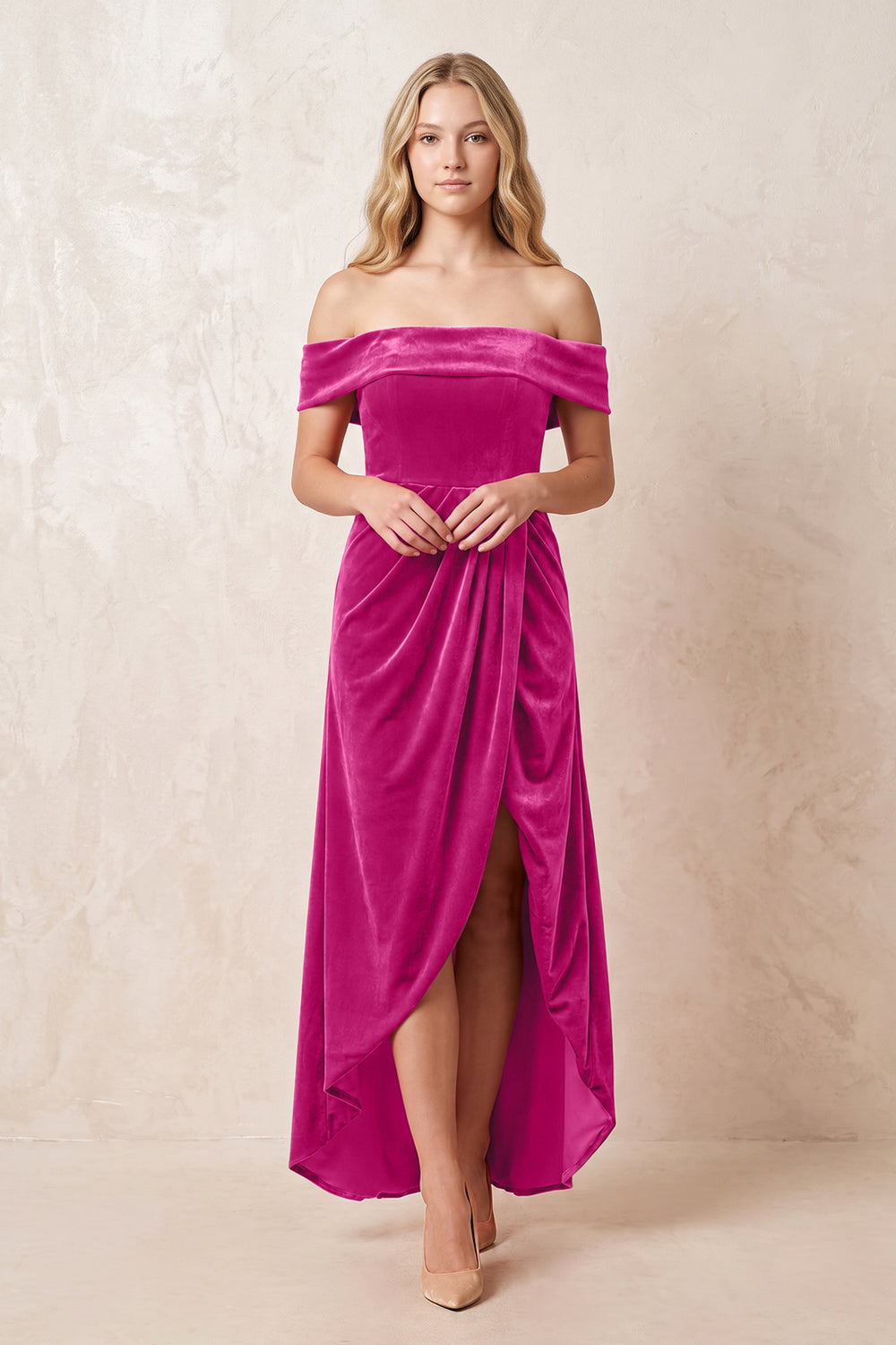 Off-the-Shoulder Sheath Velvet Midi Bridesmaid Dress in Desert Rose