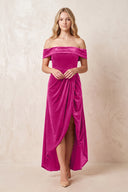 Off - the - Shoulder Sheath Velvet Midi Bridesmaid Dress in Desert Rose - KISS BRIDAL Bridesmaid Dresses