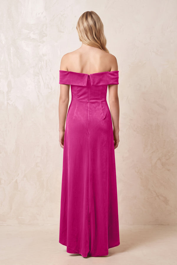Off - the - Shoulder Sheath Velvet Midi Bridesmaid Dress in Desert Rose - KISS BRIDAL Bridesmaid Dresses