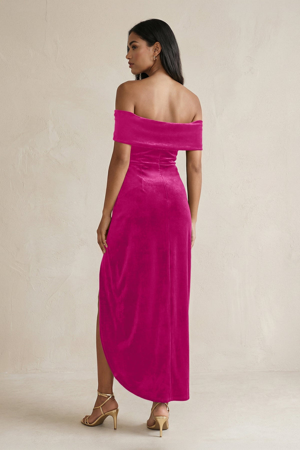 Off - the - Shoulder Sheath Velvet Midi Bridesmaid Dress in Desert Rose - KISS BRIDAL Bridesmaid Dresses