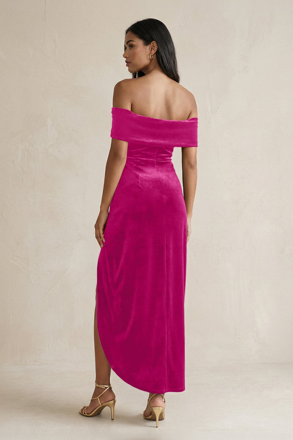 Off - the - Shoulder Sheath Velvet Midi Bridesmaid Dress in Desert Rose - KISS BRIDAL Bridesmaid Dresses