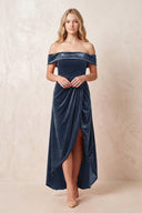 Off - the - Shoulder Sheath Velvet Midi Bridesmaid Dress in Dusk Blue - KISS BRIDAL Bridesmaid Dresses
