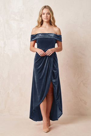 Off - the - Shoulder Sheath Velvet Midi Bridesmaid Dress in Dusk Blue - KISS BRIDAL Bridesmaid Dresses