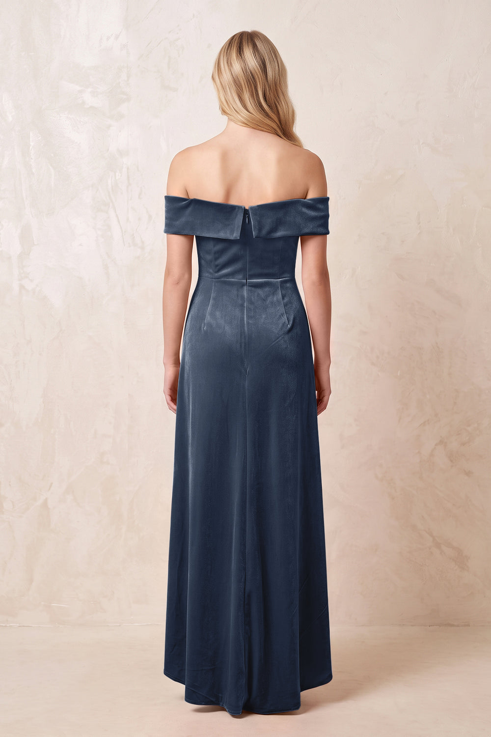 Off-the-Shoulder Sheath Velvet Midi Bridesmaid Dress in Dusk Blue