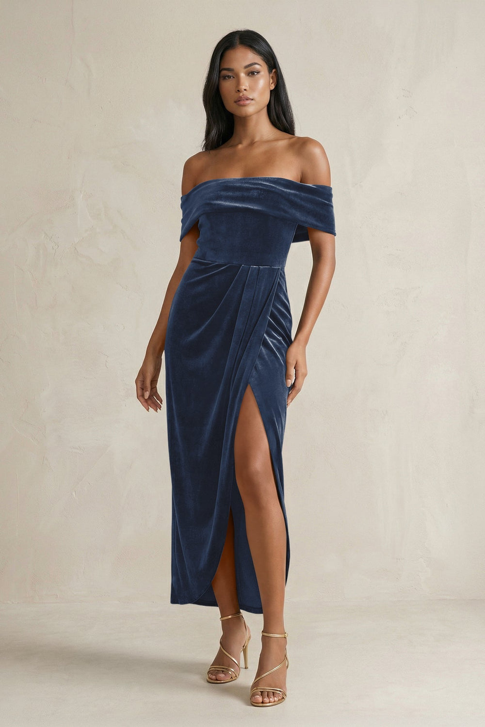 Off - the - Shoulder Sheath Velvet Midi Bridesmaid Dress in Dusk Blue - KISS BRIDAL Bridesmaid Dresses