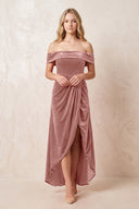 Off - the - Shoulder Sheath Velvet Midi Bridesmaid Dress in Dusty Rose - KISS BRIDAL Bridesmaid Dresses
