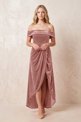 Off - the - Shoulder Sheath Velvet Midi Bridesmaid Dress in Dusty Rose - KISS BRIDAL Bridesmaid Dresses