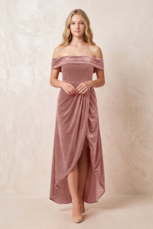 Off - the - Shoulder Sheath Velvet Midi Bridesmaid Dress in Dusty Rose - KISS BRIDAL Bridesmaid Dresses