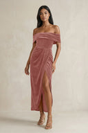 Off - the - Shoulder Sheath Velvet Midi Bridesmaid Dress in Dusty Rose - KISS BRIDAL Bridesmaid Dresses