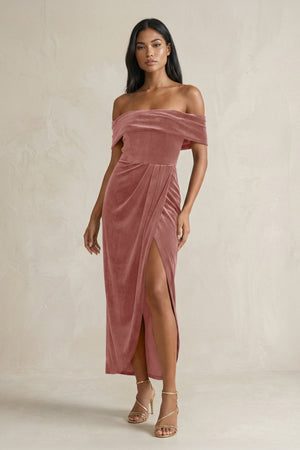Off - the - Shoulder Sheath Velvet Midi Bridesmaid Dress in Dusty Rose - KISS BRIDAL Bridesmaid Dresses