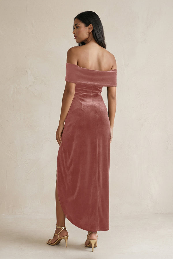 Off - the - Shoulder Sheath Velvet Midi Bridesmaid Dress in Dusty Rose - KISS BRIDAL Bridesmaid Dresses