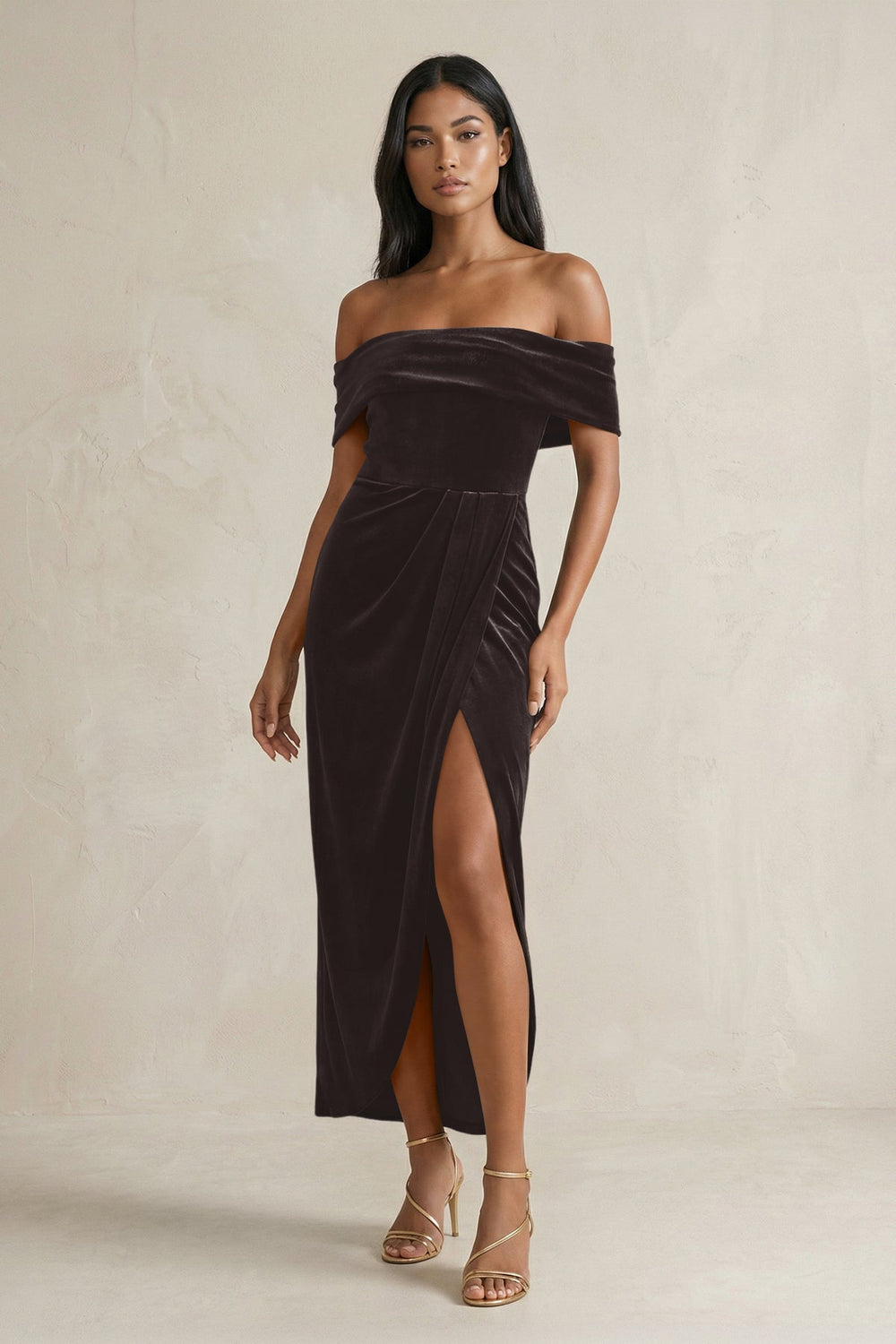 Off - the - Shoulder Sheath Velvet Midi Bridesmaid Dress in Espresso - KISS BRIDAL Bridesmaid Dresses