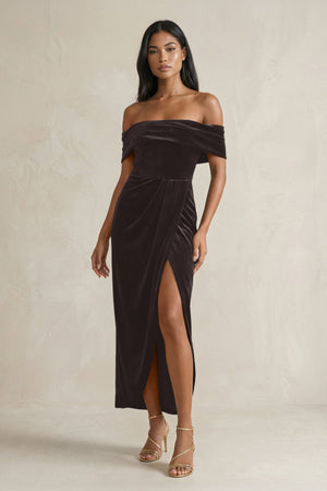 Off - the - Shoulder Sheath Velvet Midi Bridesmaid Dress in Espresso - KISS BRIDAL Bridesmaid Dresses