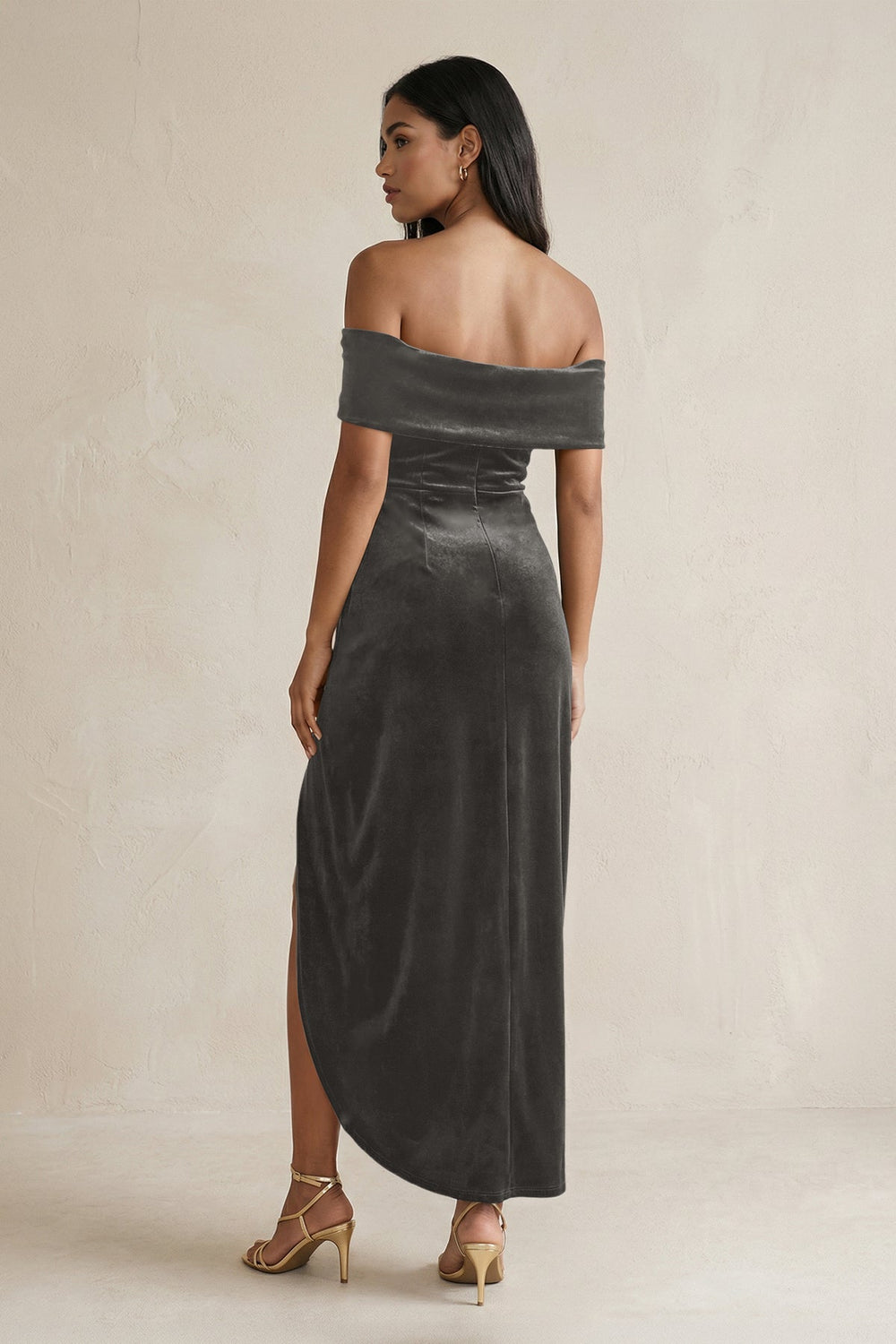 Off - the - Shoulder Sheath Velvet Midi Bridesmaid Dress in Frost - KISS BRIDAL Bridesmaid Dresses