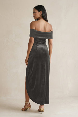 Off - the - Shoulder Sheath Velvet Midi Bridesmaid Dress in Frost - KISS BRIDAL Bridesmaid Dresses