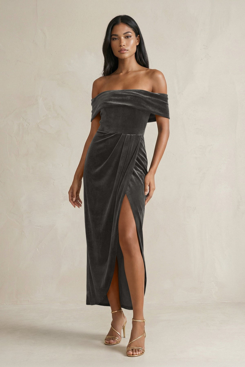 Off - the - Shoulder Sheath Velvet Midi Bridesmaid Dress in Frost - KISS BRIDAL Bridesmaid Dresses
